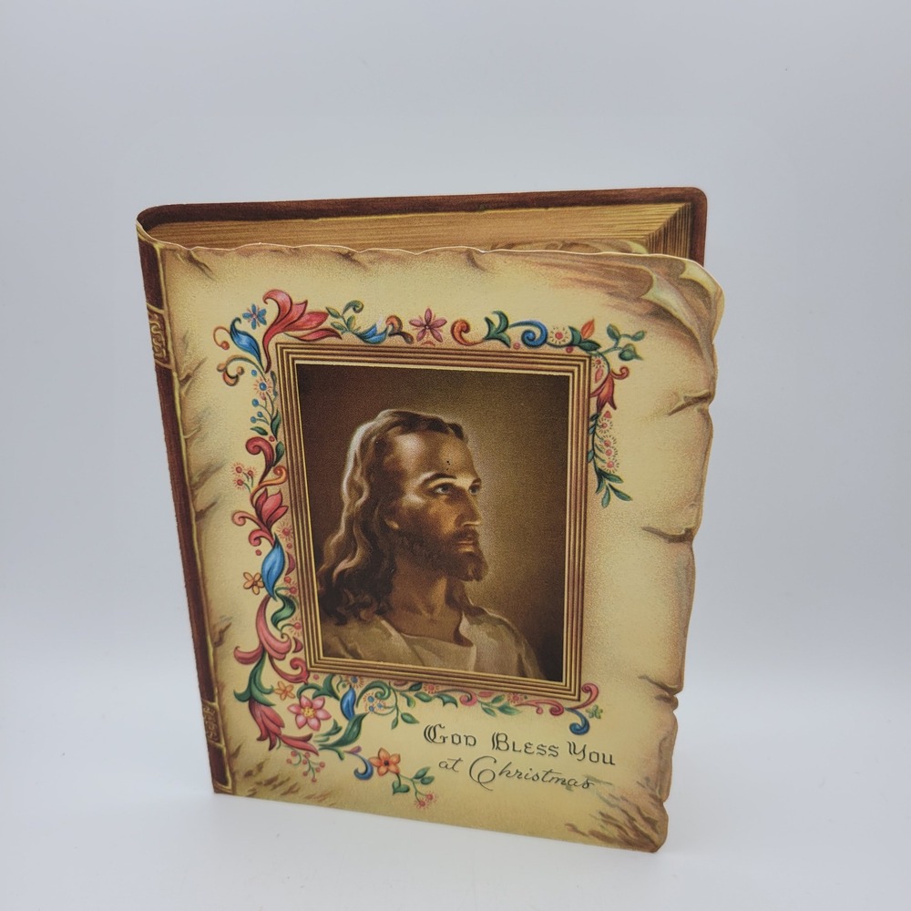Vintage Religious Christmas Card Jesus God Bless You Book Shaped